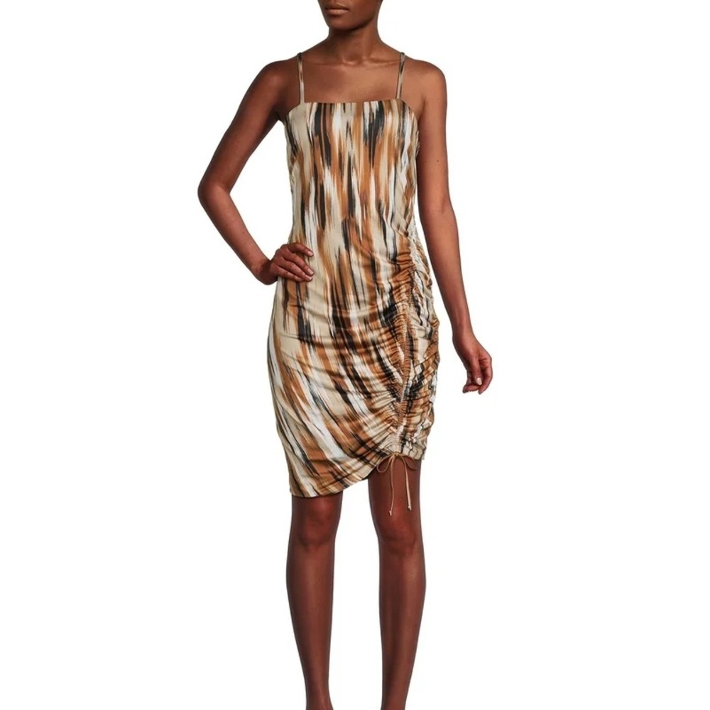 Madden NYC Side Ruched Tie-Detail Satin Slip Dress in Brown Multi - Picture 1 of 9